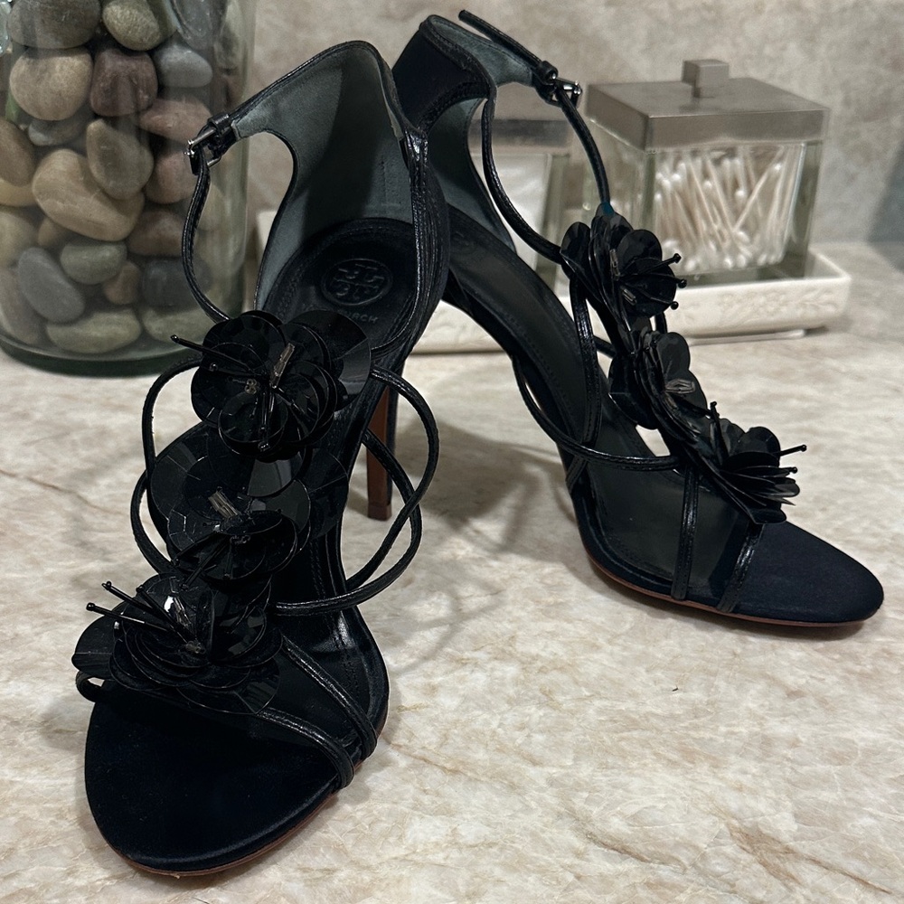 Tory Burch Black Strappy Heels with Floral Accents- Preloved
